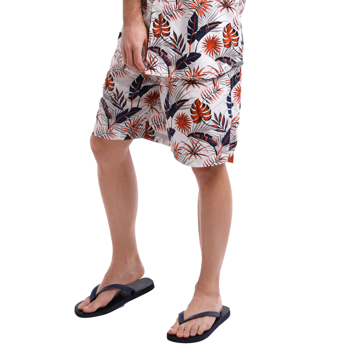 All Over Peached Poplin Print Drawstring Shorts | Orange Tropical Leaves