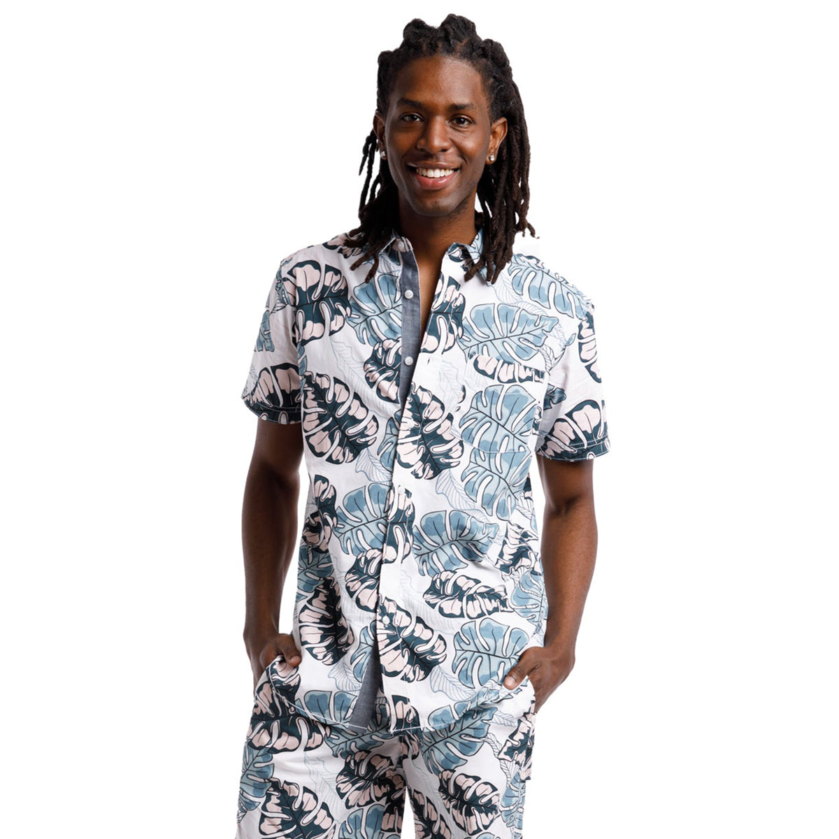 Printed Poplin Short Sleeve Button Up Shirt | Mint Tropical Leaves