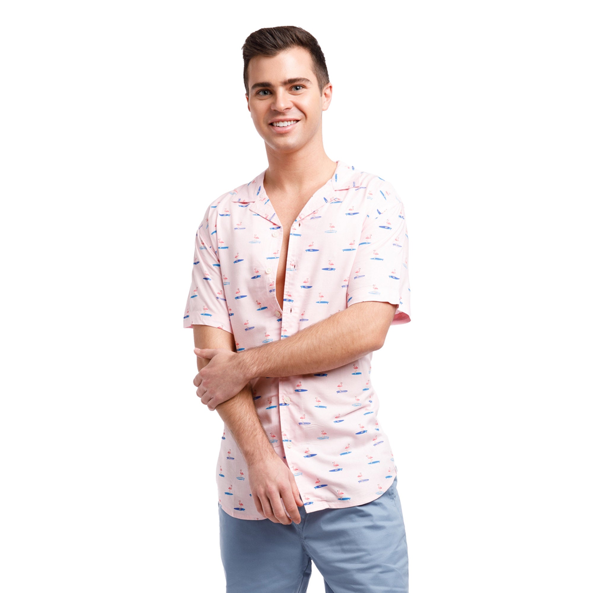 Super Soft Relaxed Printed Short Sleeve Button Up Shirt | Surfing Flamingos
