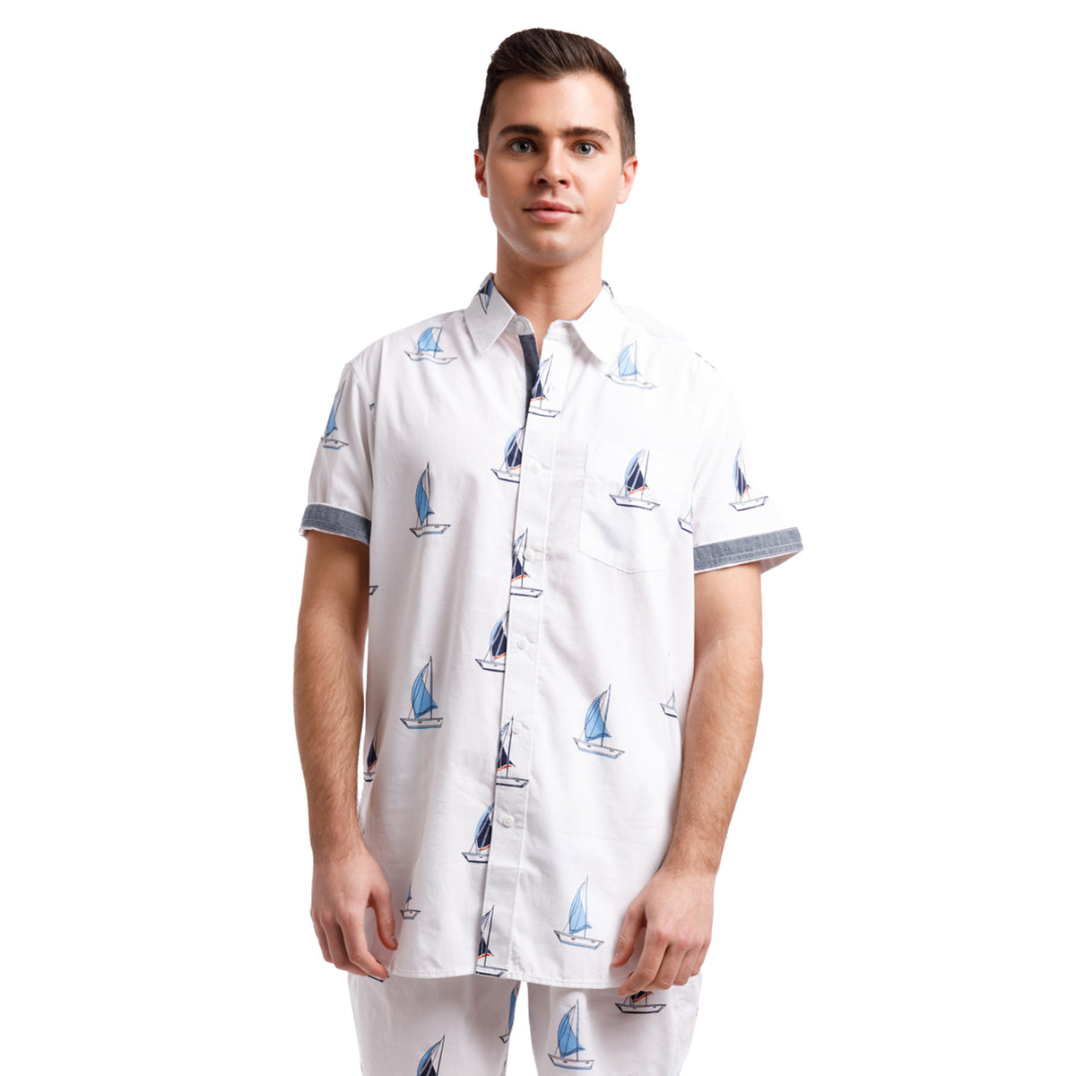 Printed Poplin Short Sleeve Button Up Shirt | Sailboats