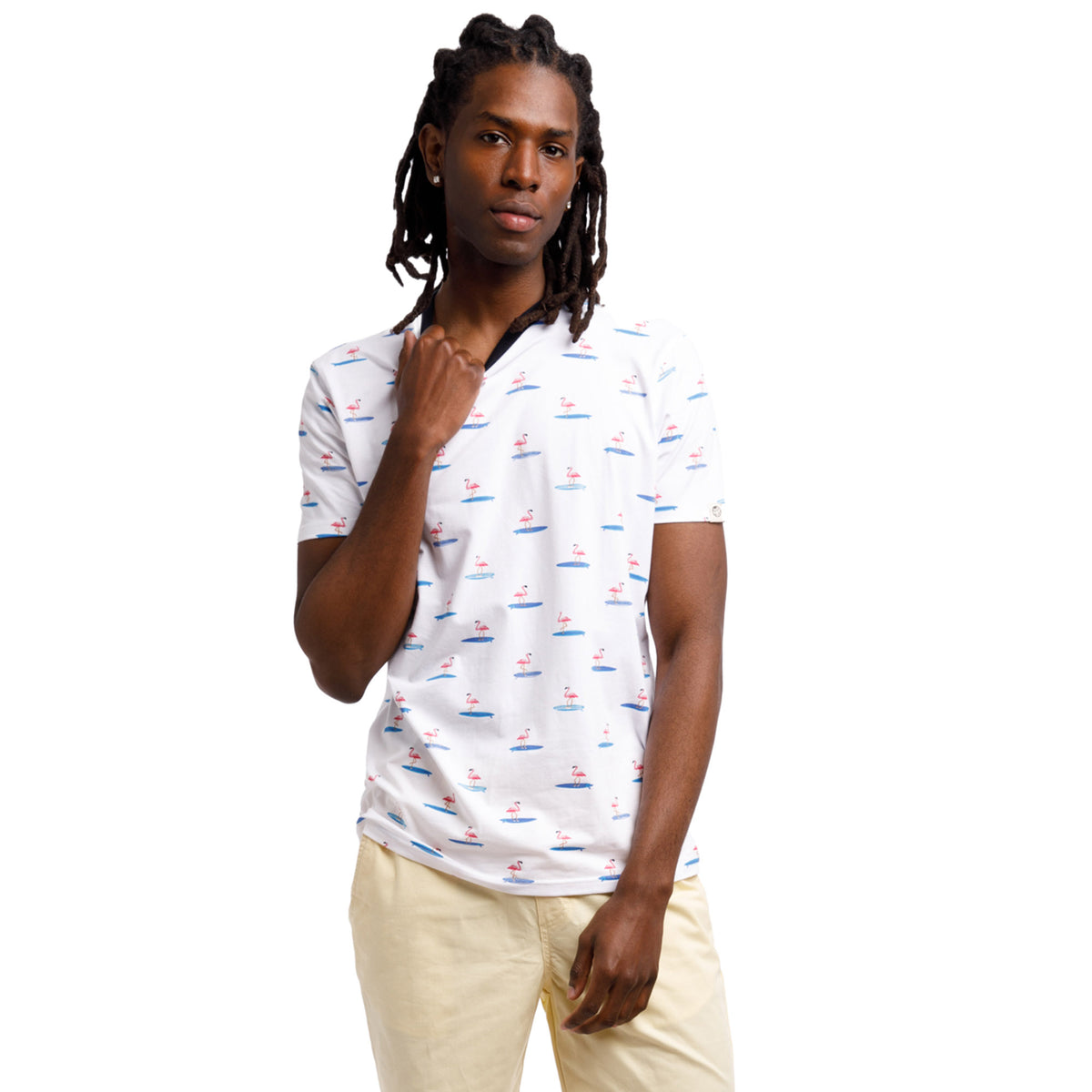 Patterned Print Jersey Crew Neck Tee | Surfing Flamingos