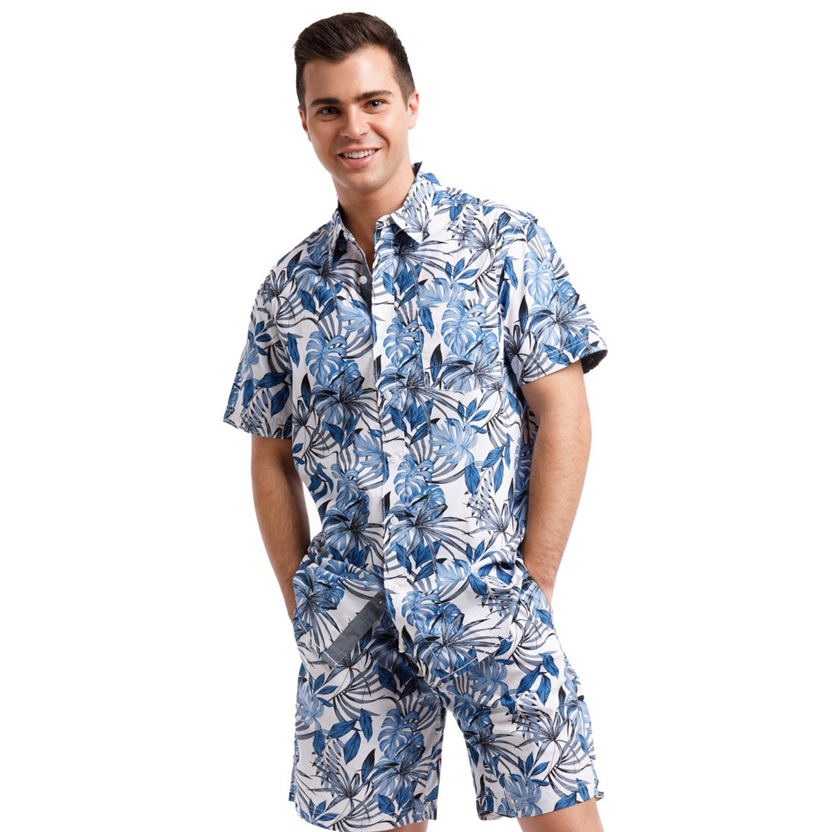 Printed Poplin Short Sleeve Button Up Shirt | Blue Tropical Leaves