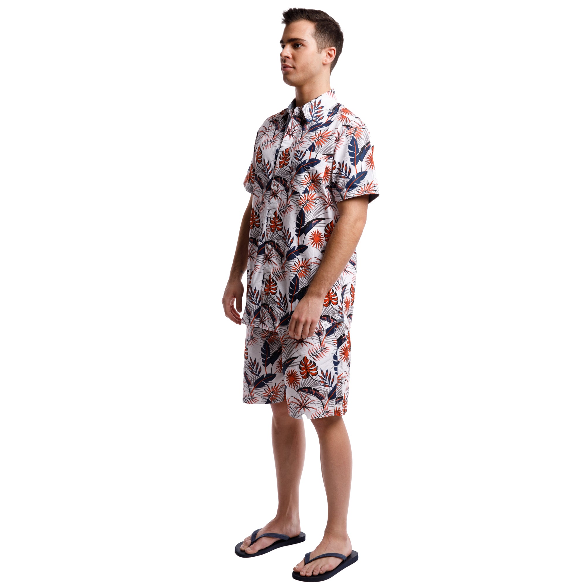 Printed Poplin Short Sleeve Button Up Shirt | Orange Tropical Leaves