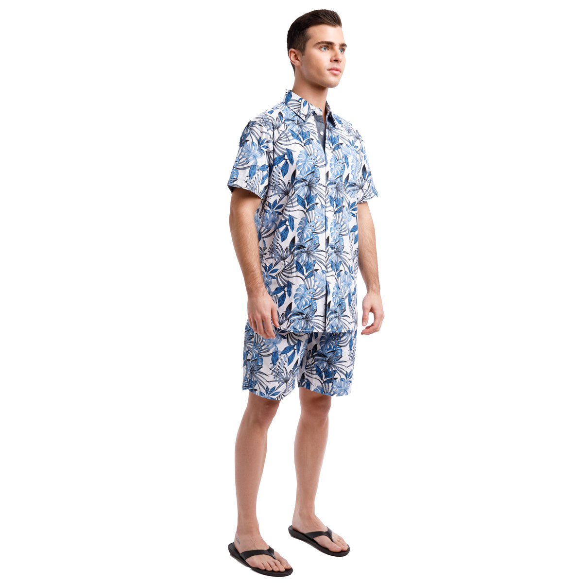 Printed Poplin Short Sleeve Button Up Shirt | Blue Tropical Leaves