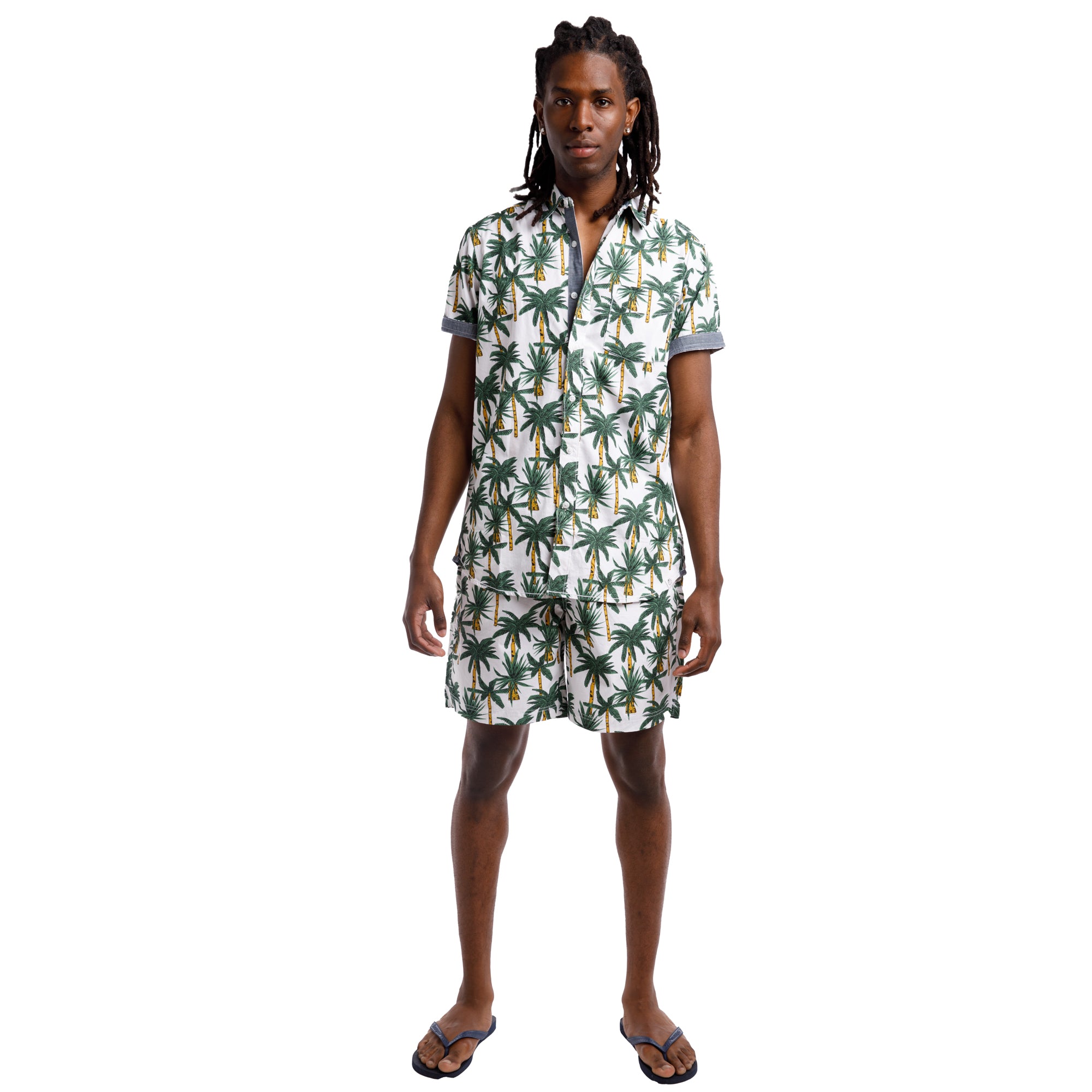 Printed Poplin Short Sleeve Button Up Shirt | Tropical Palms