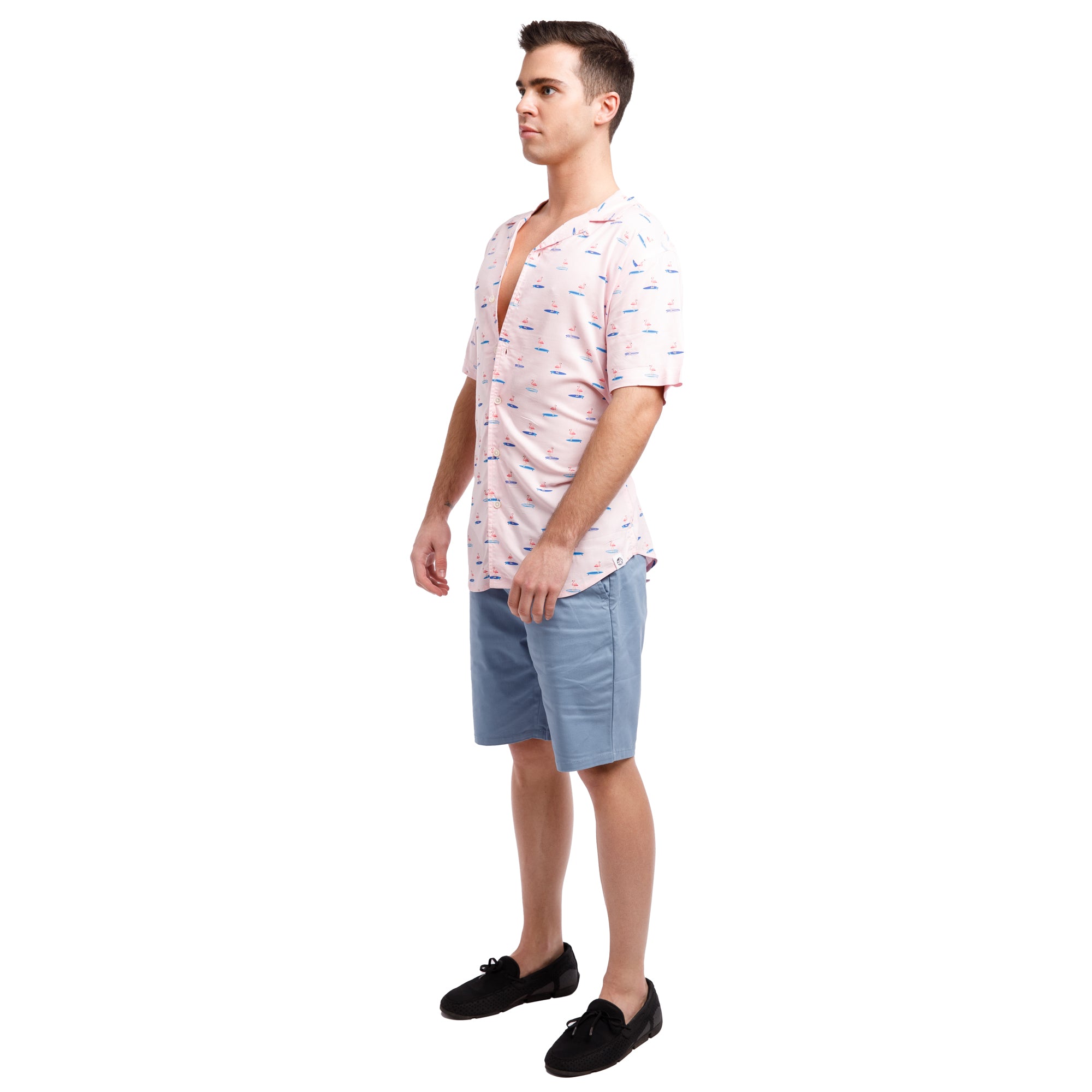 Super Soft Relaxed Printed Short Sleeve Button Up Shirt | Surfing Flamingos
