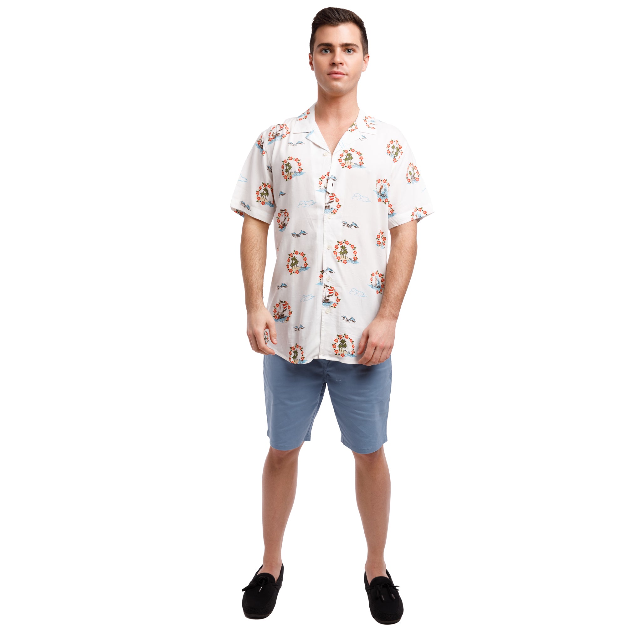 Super Soft Relaxed Printed Short Sleeve Button Up Shirt | Hawaiian Halos