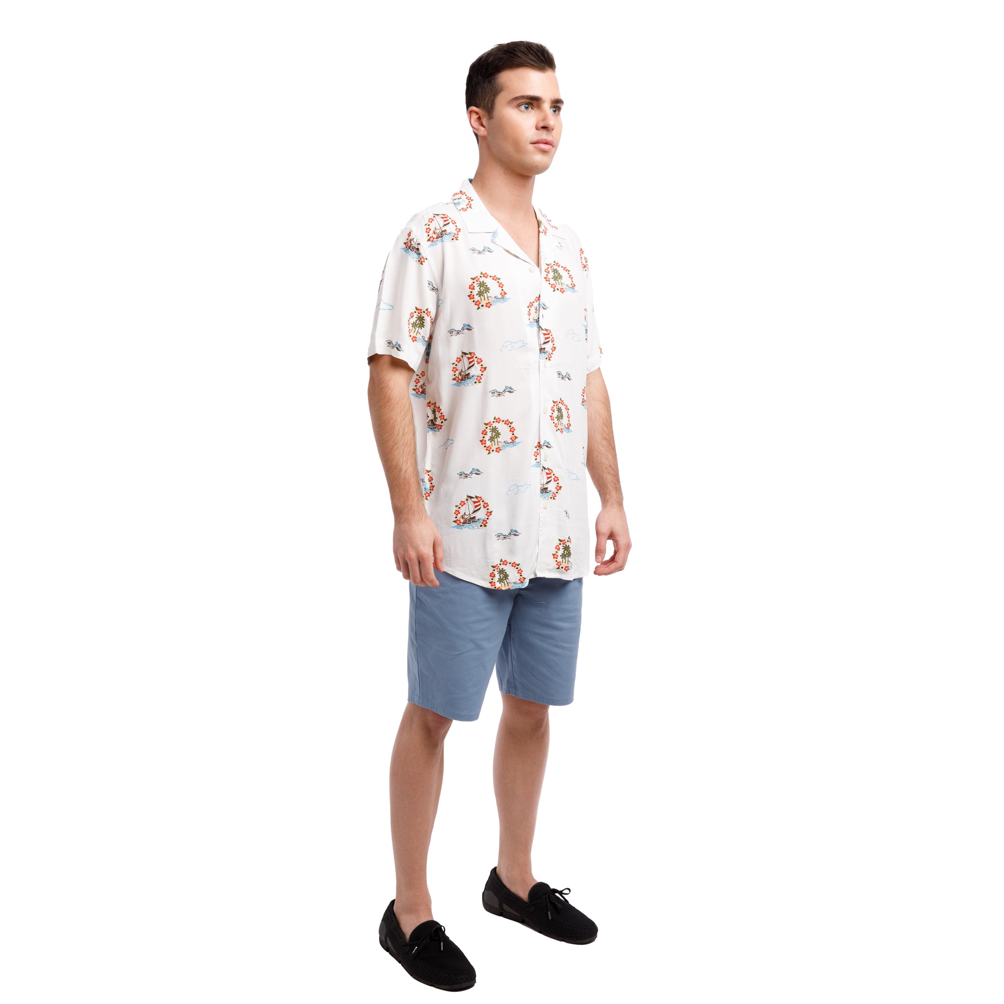 Super Soft Relaxed Printed Short Sleeve Button Up Shirt | Hawaiian Halos