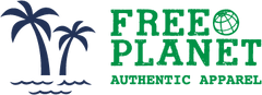 Free Planet Logo in Green with Blue Palm Trees to the left.