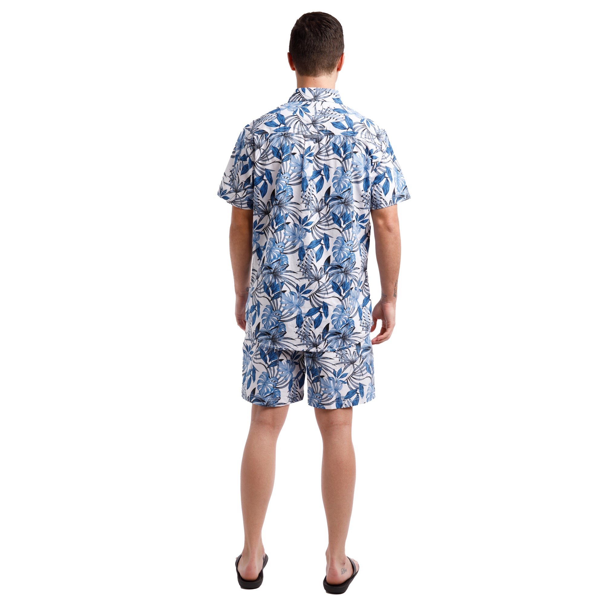 All Over Peached Poplin Print Drawstring Shorts | Blue Tropical Leaves